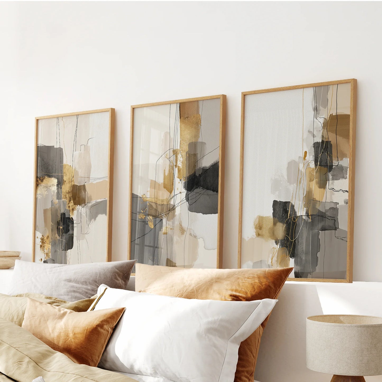 Neutral abstract beige gray gold wall art set of 3 prints