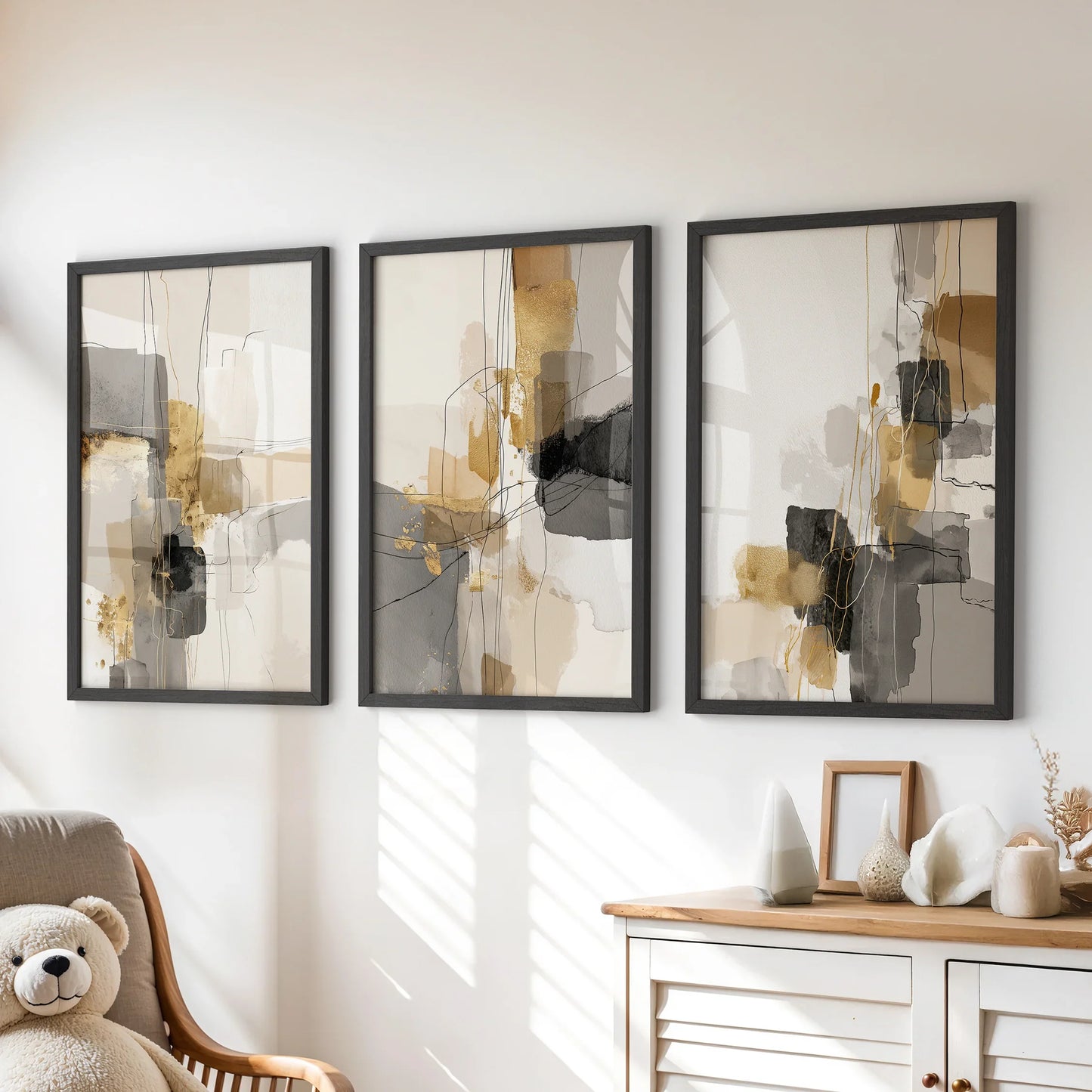 Neutral Abstract Wall Art Set of 3 Beige Gray Gold Prints
