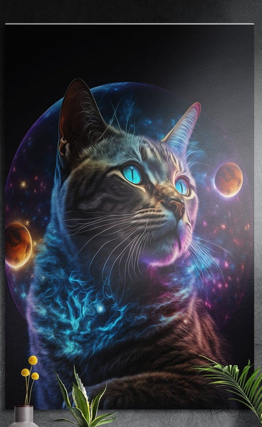 Tabby cat with blue eyes and planets brushed aluminum wall art on black, on a dark gray wall above plants