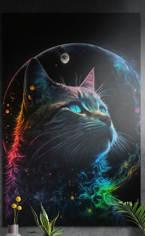 Rainbow nebula cat brushed aluminum wall art with a turquoise-eyed cat on black, on a dark gray wall above plants