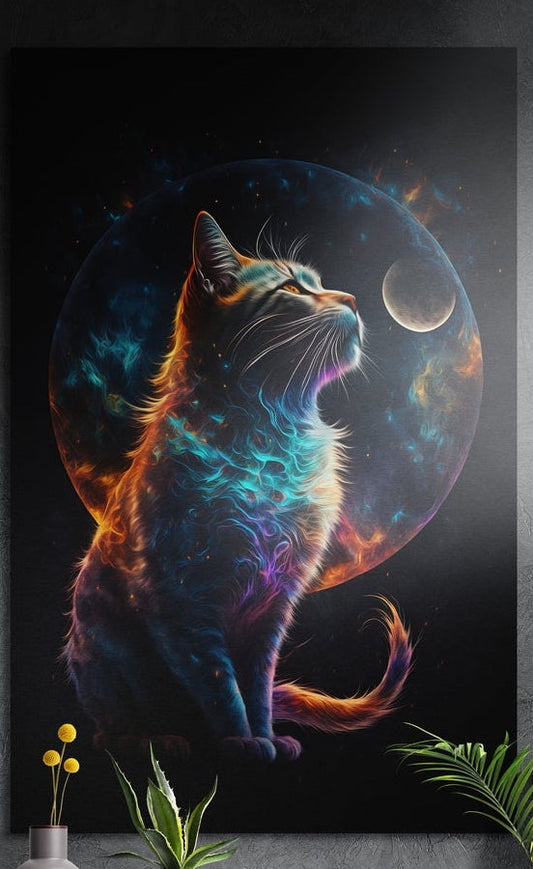 Seated cosmic cat brushed aluminum wall art with a glowing cat and a moon on black, on a dark gray wall above plants