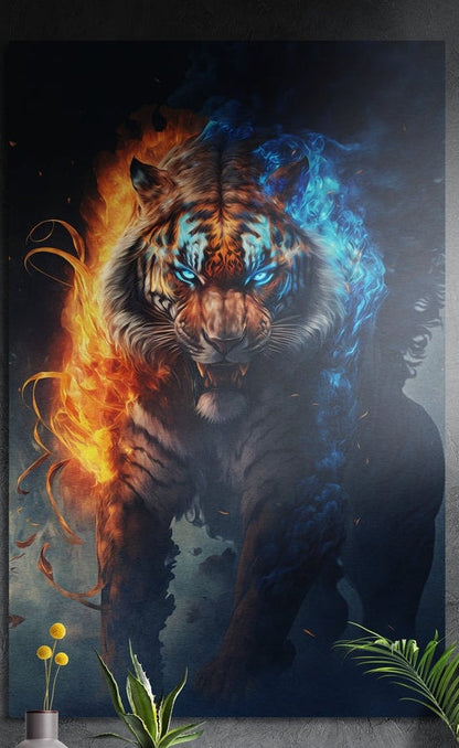 Tiger wrapped in orange flame and blue fire brushed aluminum wall art on a dark gray wall above plants