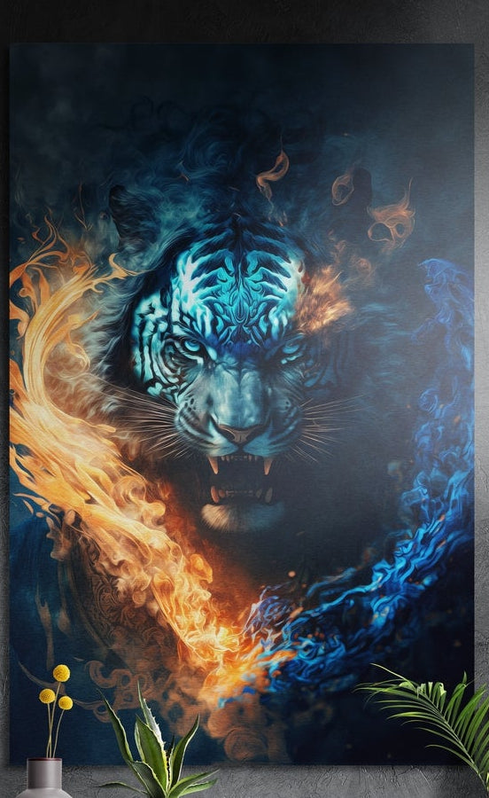 Blue tiger in fire and water brushed aluminum wall art on a dark wall behind yellow flowers and green plants