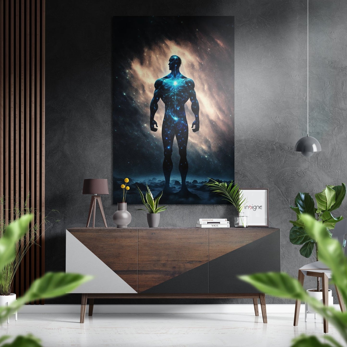 Cosmic man in golden nebula metal wall art