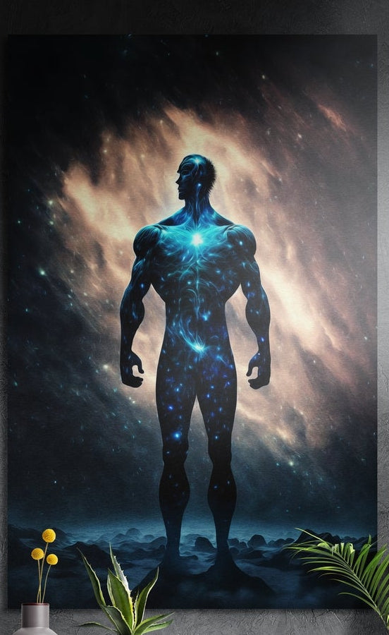 Cosmic man in a golden nebula brushed aluminum wall art on a gray concrete wall above small plants