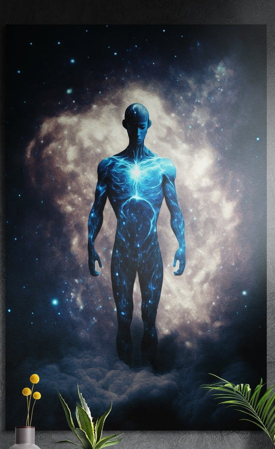 Cosmic man floating above clouds brushed aluminum wall art on a gray concrete wall above small plants