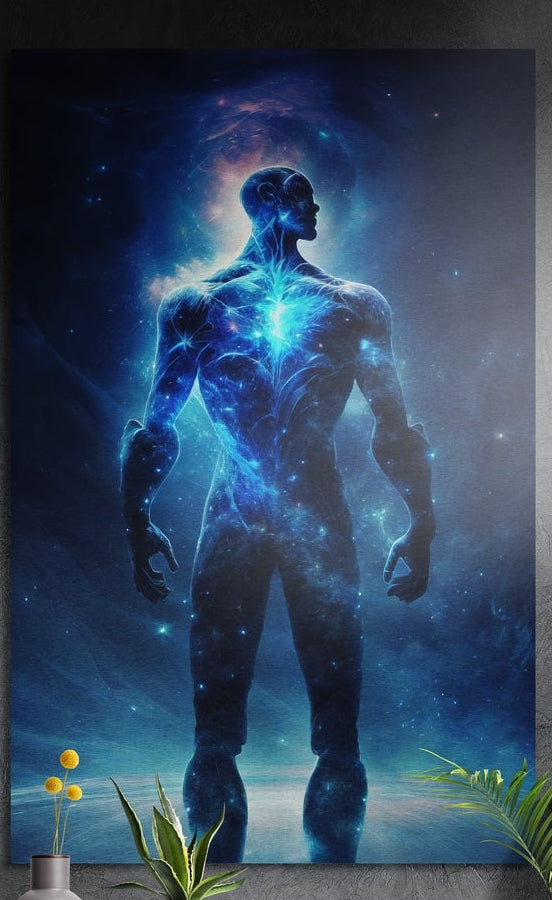 Glowing blue cosmic man seen from behind brushed aluminum wall art on a gray concrete wall above small plants