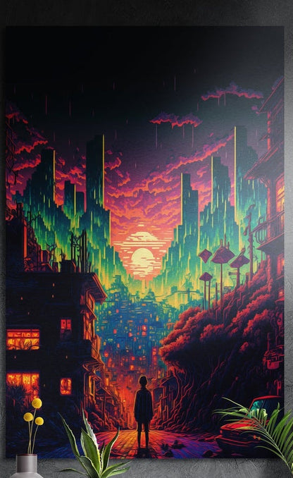 Neon fantasy city brushed aluminum wall art on a dark gray wall with plants in front of its lower edge