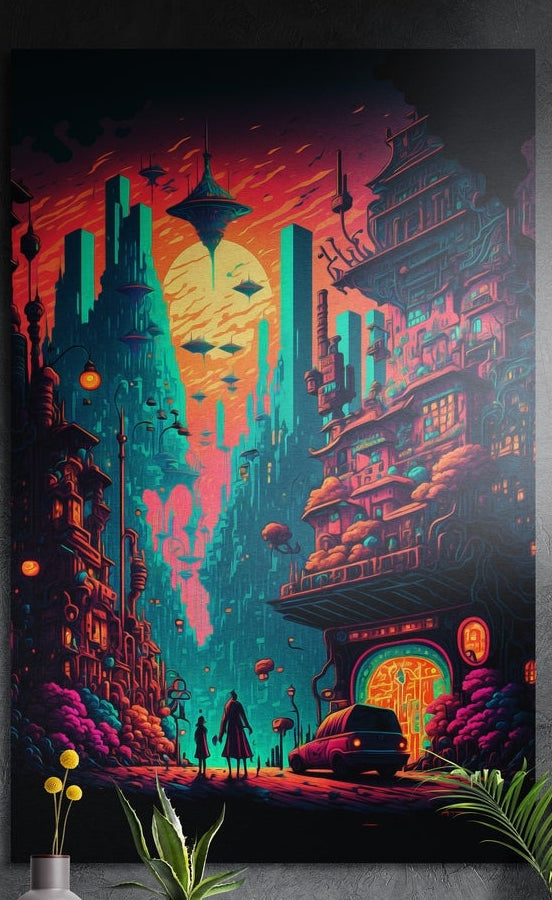 Retro sci-fi city under an orange sky brushed aluminum wall art on a dark textured wall above potted plants