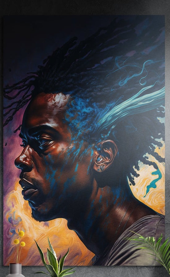Blue and amber portrait of a man in profile brushed aluminum wall art on a dark textured wall behind a vase and plants