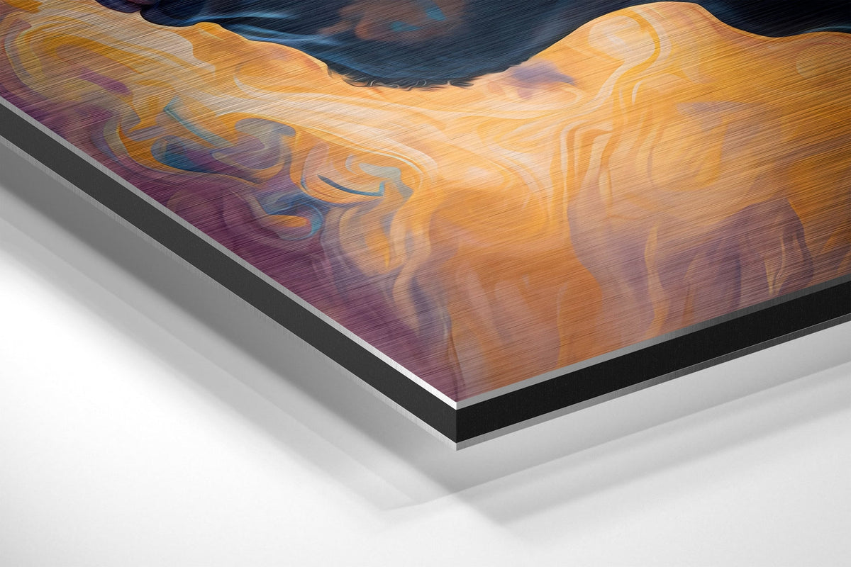 Blue and amber portrait of a man in profile brushed aluminum panel corner close-up showing the brushed metal grain