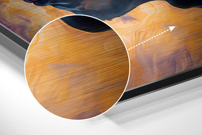 Magnified detail of the brushed metal grain showing through the blue and amber portrait of a man in profile print