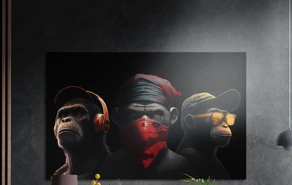 Chimp trio in headphones, red bandana and gold sunglasses brushed aluminum wall art on a dark textured wall above plant tops