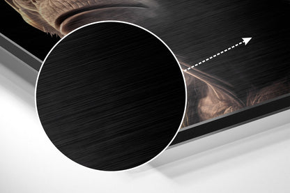 Magnified detail of the brushed metal grain showing through the chimp trio in headphones print