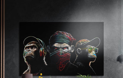 Neon outline chimp trio pop art brushed aluminum wall art on a dark gray wall above yellow flowers