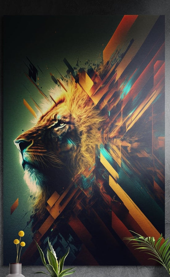 Geometric shard lion profile brushed aluminum wall art on a dark wall behind yellow flowers and green plants