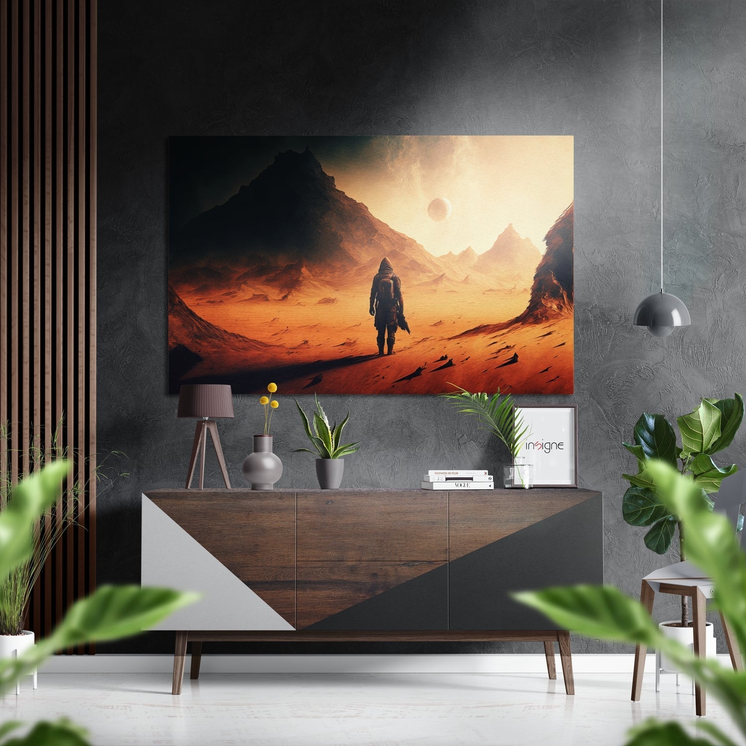 Another Planet metal wall art hanging on a modern wall
