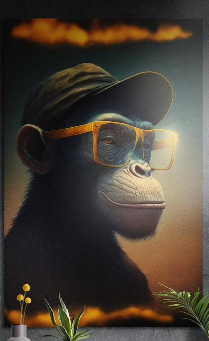 Chimp in cap and yellow glasses brushed aluminum wall art on a dark wall above yellow flowers and plants