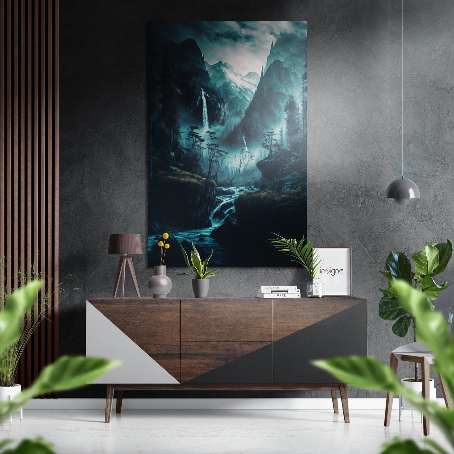 Misty teal valley waterfall metal wall art