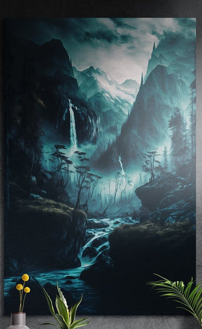 Misty teal waterfall brushed aluminum wall art on a dark gray wall with plants in front of its lower edge