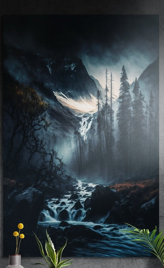 Moonlit pine gorge brushed aluminum wall art on a dark gray wall above a vase of yellow flowers and green plants