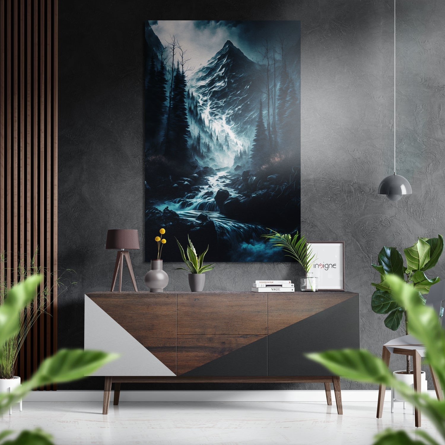 Snow peak cascade forest river metal wall art landscape scene