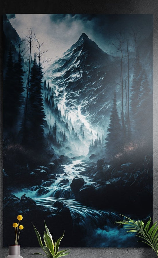 Snow peak cascade brushed aluminum wall art on a dark gray wall with plants in front of its lower edge