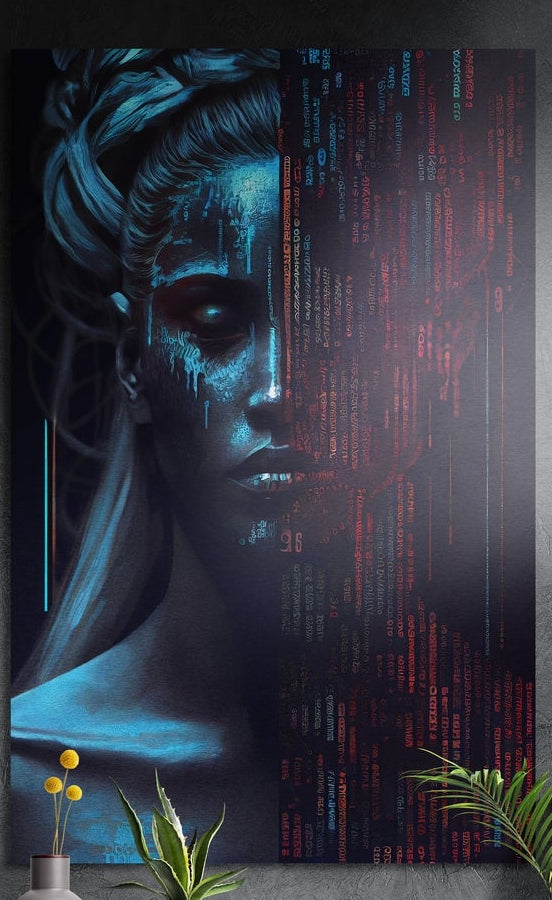 Blue woman's face fading into red falling digital code, brushed aluminum wall art above a wooden sideboard