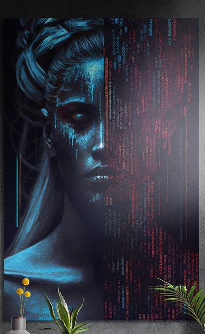 Blue woman's face fading into red falling digital code, brushed aluminum wall art above a wooden sideboard