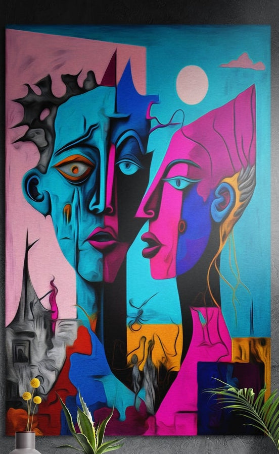 Cubist turquoise and pink faces under a pale moon, brushed aluminum wall art on a dark wall above plants