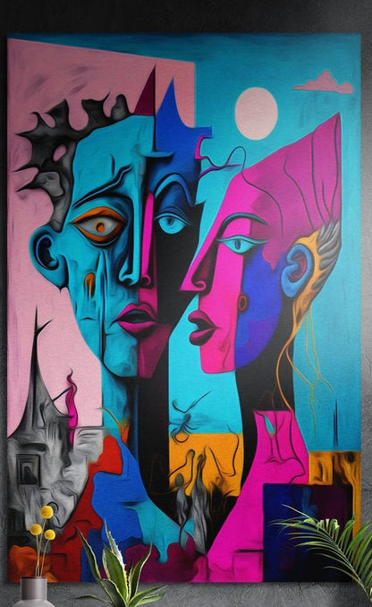 Cubist turquoise and pink faces under a pale moon, brushed aluminum wall art on a dark wall above plants