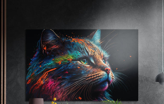 Rainbow paint splash cat profile brushed aluminum wall art on a dark textured wall above potted plant tops