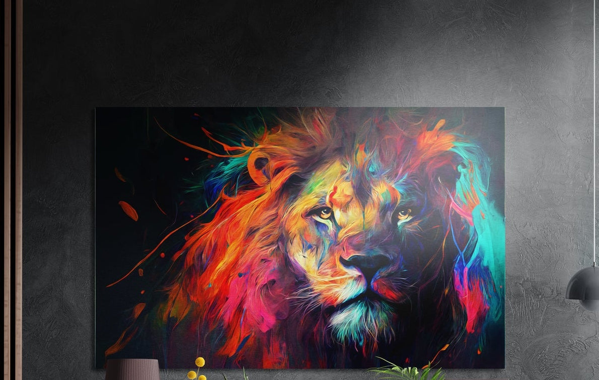 Neon rainbow lion face brushed aluminum wall art hung on a dark textured wall above potted plants