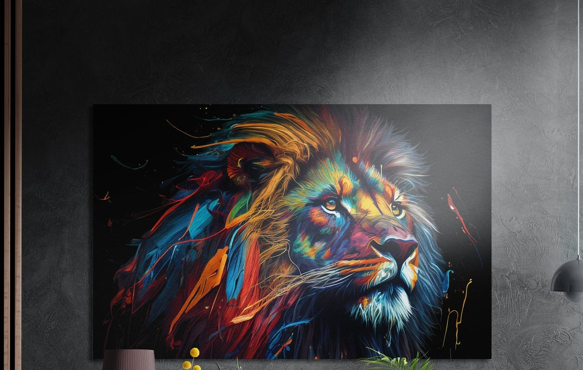 Rainbow feather mane lion brushed aluminum wall art on a dark wall above a sideboard with yellow flowers