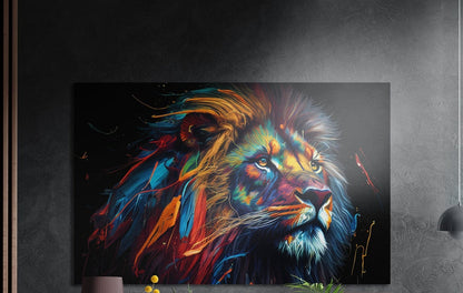 Rainbow feather mane lion brushed aluminum wall art on a dark wall above a sideboard with yellow flowers