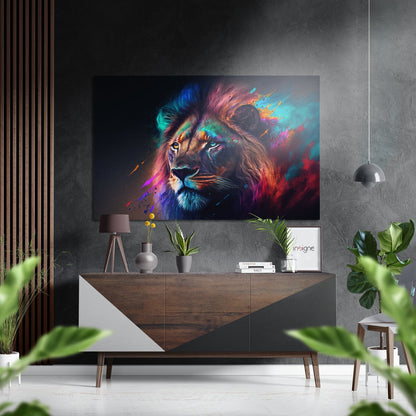 Teal magenta splash lion metal wall art