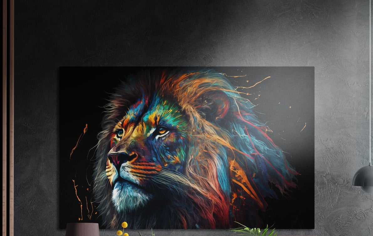 Lion in profile with a mane of colorful streaks on black, brushed aluminum wall art on a gray wall above a vase