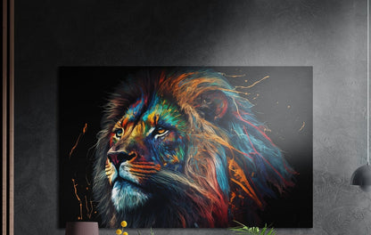 Lion in profile with a mane of colorful streaks on black, brushed aluminum wall art on a gray wall above a vase