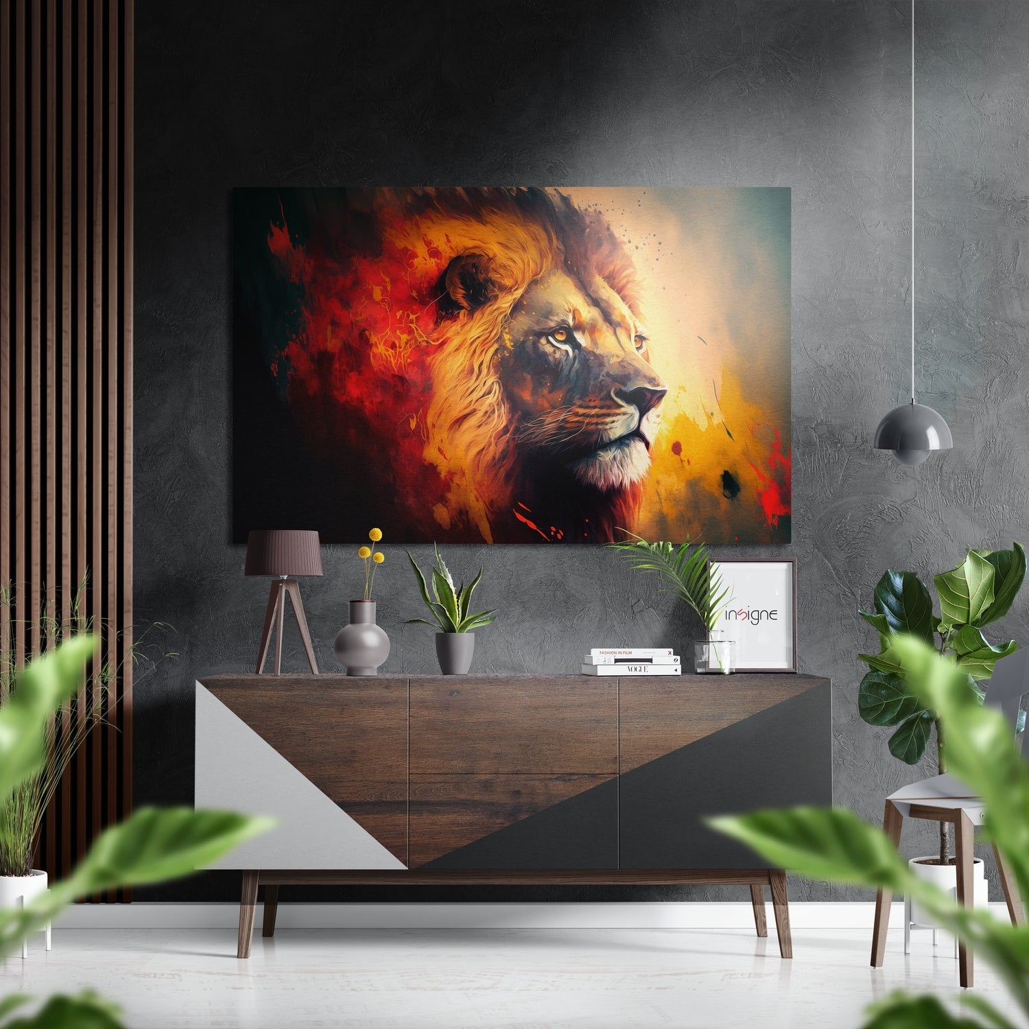 Ember lion profile metal wall art on brushed aluminum dibond