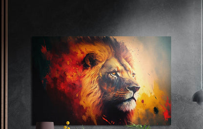 Red and gold lion profile brushed aluminum wall art on a dark wall above a sideboard with yellow flowers