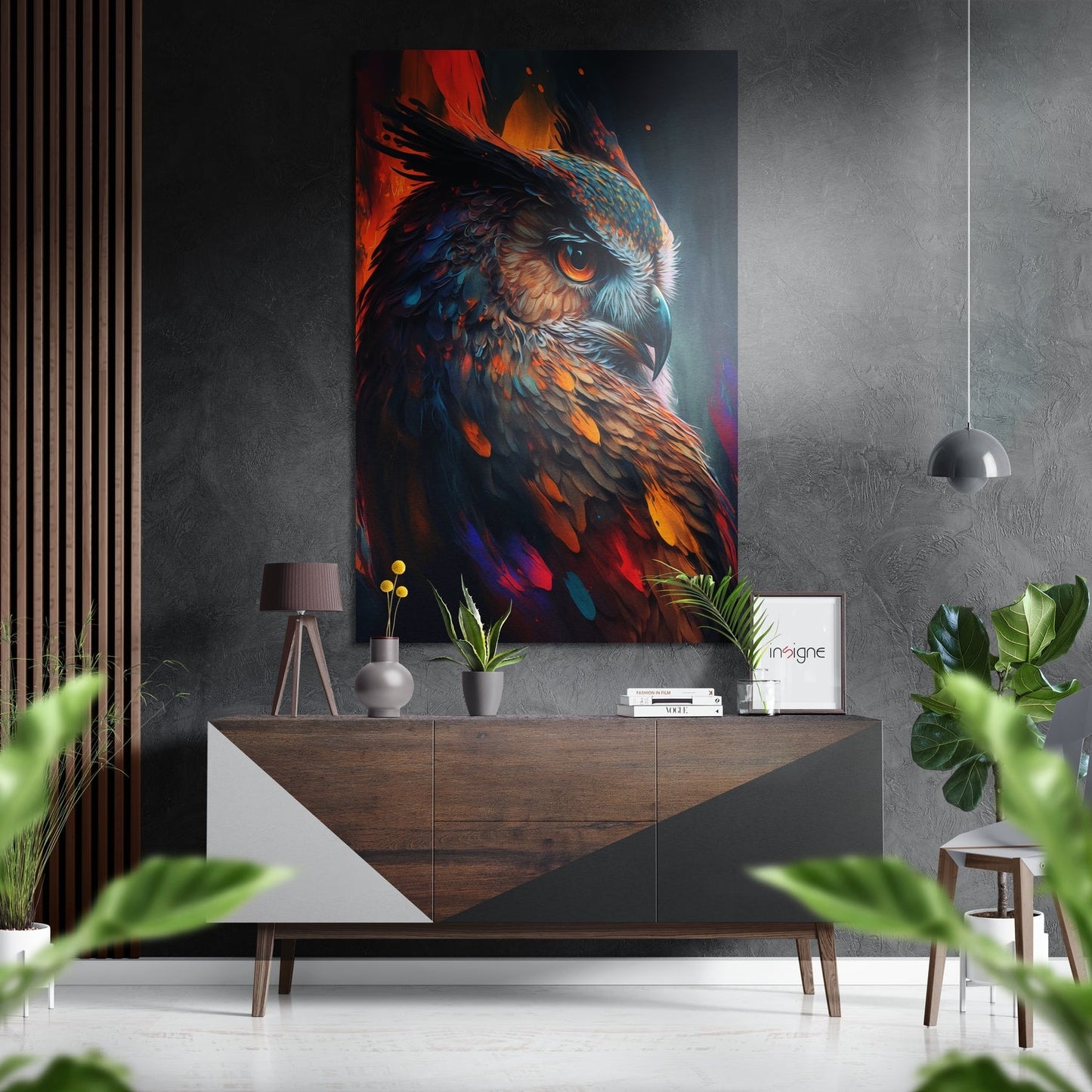 Fiery orange owl profile metal wall art on brushed aluminum dibond
