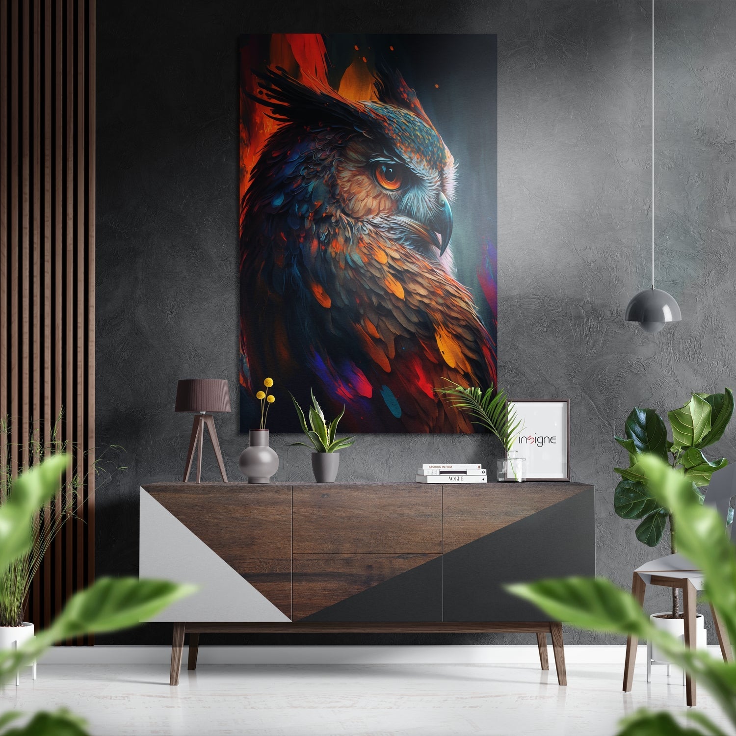 Fiery orange owl profile metal wall art on brushed aluminum dibond
