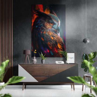 Fiery orange owl profile metal wall art on brushed aluminum dibond