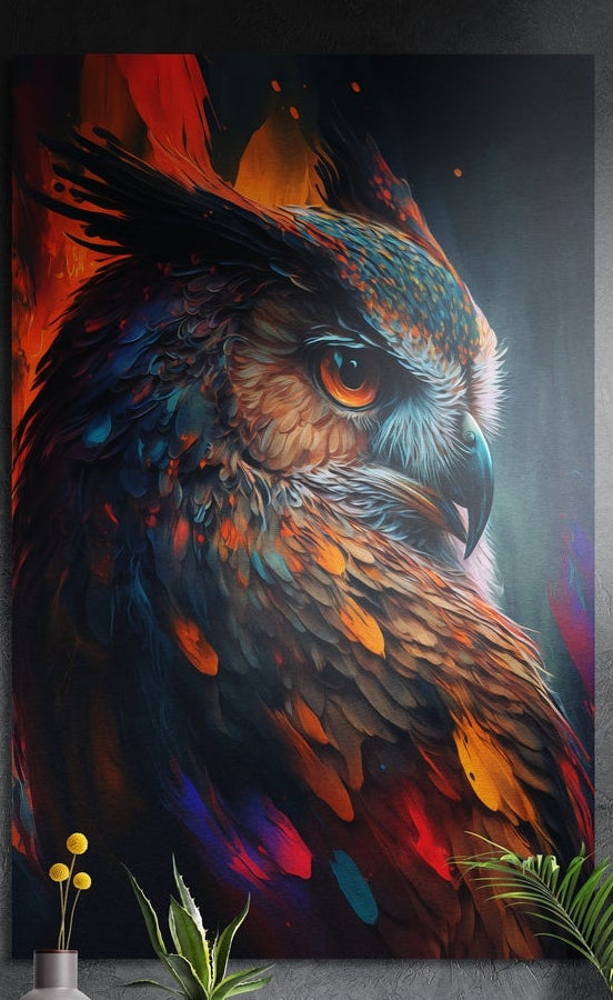 Fiery orange owl profile brushed aluminum wall art on a dark wall behind yellow flowers and green plants