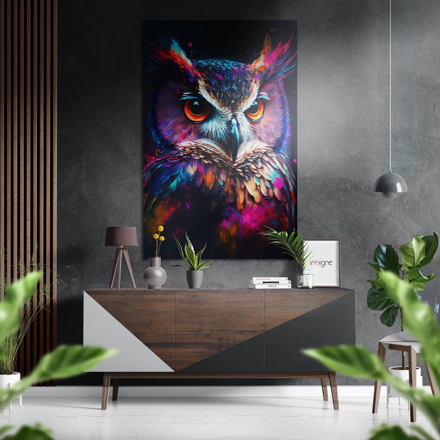 Neon owl face amber eyes metal wall art