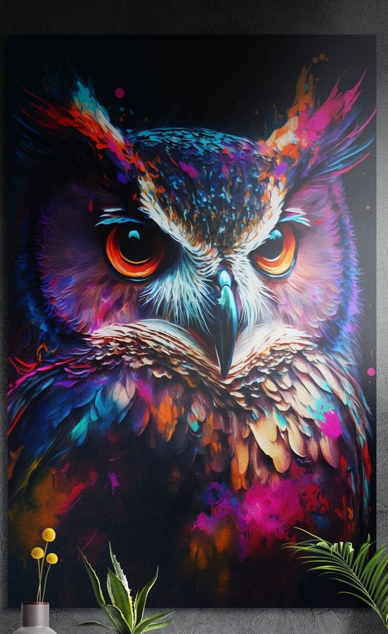 Neon owl face brushed aluminum wall art hung on a dark textured wall above potted plants