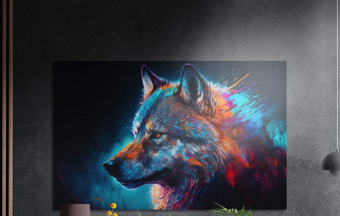 Neon wolf profile brushed aluminum wall art on a dark textured wall beside a slatted wood panel