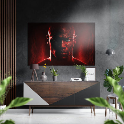 Crimson glow cracked warrior face metal wall art
