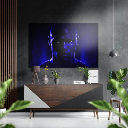 Electric blue fighter metal wall art