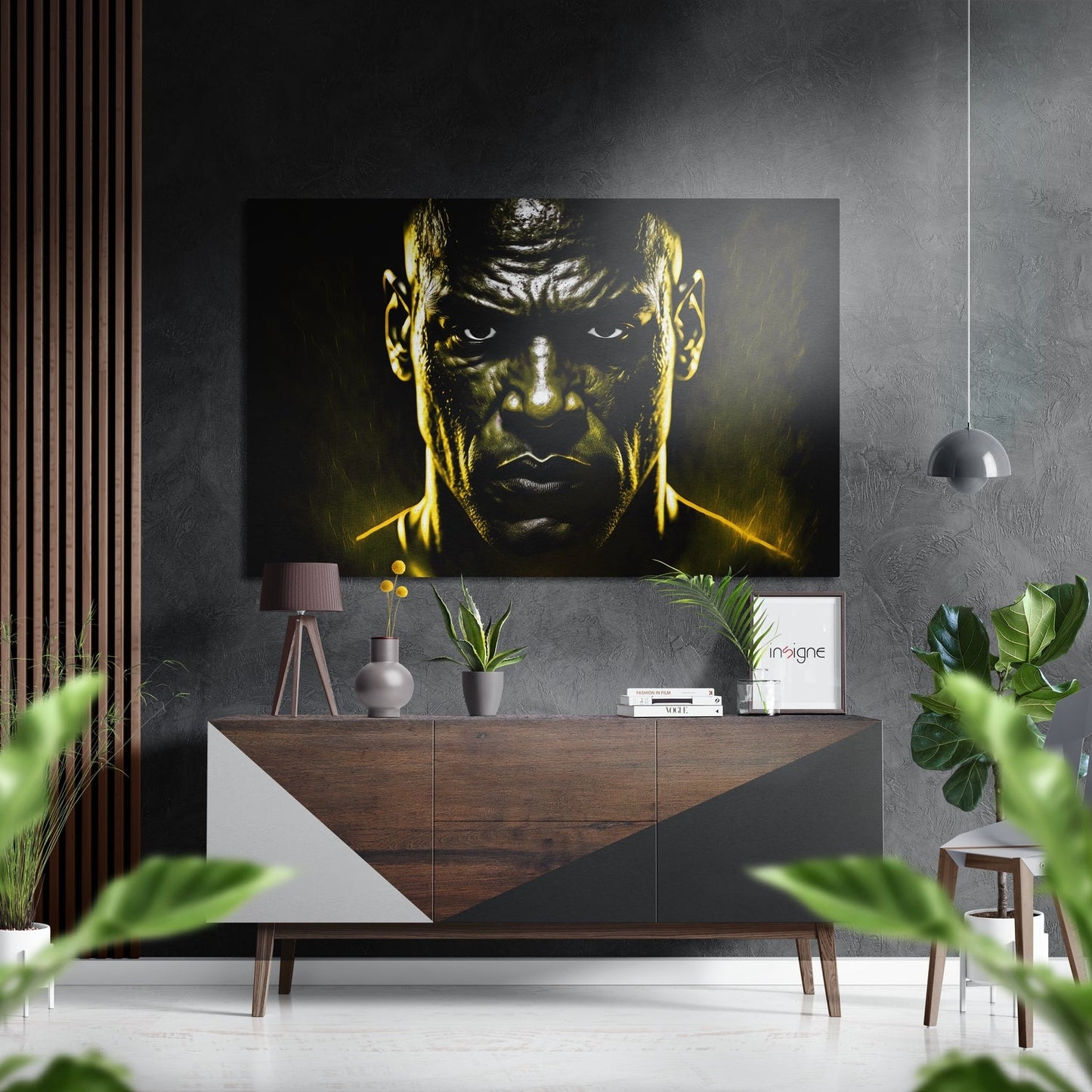 Amber rim light boxer portrait metal wall art